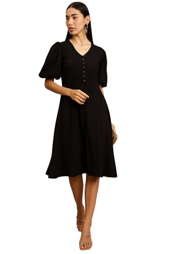 Image of Amazon Brand - INKAST Women A-Line Midi Dress | Puff Sleeves | Perfect for Casual and Semi-Formal Occasions
