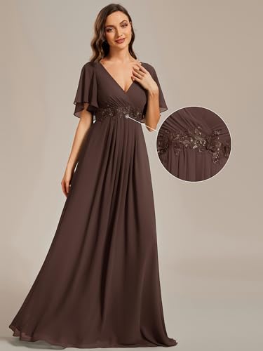 Image of Ever-Pretty Womens V Neck Applique Mother of the Bride Dresses Formal Dress | Chiffon, Short Sleeves, Ruched, A-Line, Bridesmaid Dresses, Formal Gown, Black Tie Dress