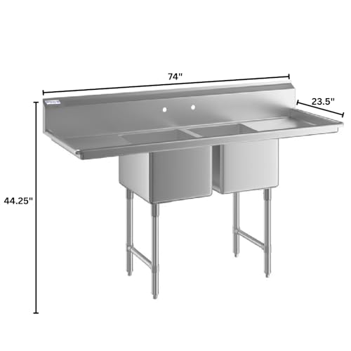 Image of EMPURA 74 inch Wide Stainless Steel Two Compartment Commercial Sink | Utility 18 inch x 18 inch Bowl for Restaurant Laundry Garage | (2) 18 inch Drainboard, 9.75 inch Backsplash, 74 inchW x 23.5 inchD x 44.25 inchH, 16 Gauge, NSF