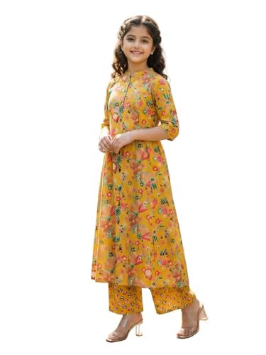 Girls Yellow Floral Print Kurta Set with Palazzo, Traditional Indian Ethnic Wear