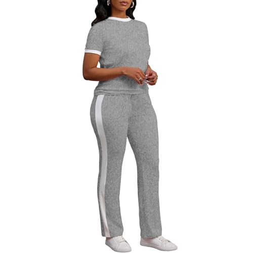 PINSV Women's 2 Piece Outfits Short Sleeve Tops Sweatpants Colorblock Bodycon Lounge Sets Tracksuit3