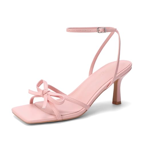 Image of Goderci Kitten Heels with Bow Strappy Heels for Women | Square Open Toe, Mid Heeled Sandals