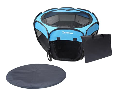 ZaneSun Portable Foldable Pet Playpen +Carrying Case + Pet playpen mat Kennel Indoor/Outdoor Water-Resistant Removable Shade Cover for Small Puppy Kitten Rabbit (71 * 71 * 40cm, Blue)