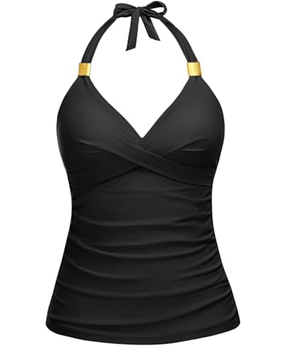 Image of Yonique Women's Halter Tankini Top V Neck Swim Top Tummy Control Bathing Suit