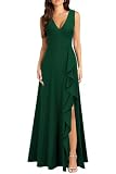 MUSHARE Women's V Neck Sexy Split Cocktail Dress with Pockets Ruffle Party Long Formal Dress Green