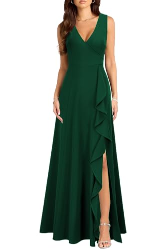 MUSHARE Womens V Neck Sexy Split Cocktail Dress with Pockets Ruffle Party Long Formal Dress Green