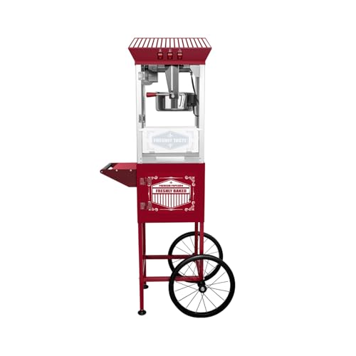 Image of Movie Theater-Style Popcorn Machine Maker with Cart and 12-Ounce Kettle - Red, Vintage-Style Popper on Wheels -LT Red