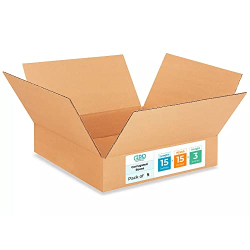 IDL Packaging Flat Corrugated Shipping Boxes 15"L x 15"W x 3"H (Pack of 5) - Quality Choice of Sturdy Packing Boxes for USPS, UPS, FedEx Shipping - Easy-to-Recycle Cardboard Boxes for Packaging