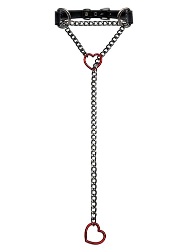 Black Leather Choker Collar For Women, Handmade Heart Slip Chain Choker Long Necklace with Adjustable Buckle