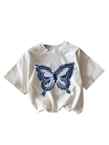 Verdusa Girl's Letter Print Casual T Shirt Short Sleeve Round Neck Tee Tops White Blue Butterfly 10Y