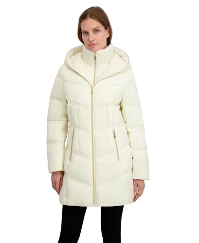 Laundry by Shelli Segal Women's Quilted Puffer Flare Jacket– Winter Coat with Faux Fur Bib Collar & Hood, Cream, Large