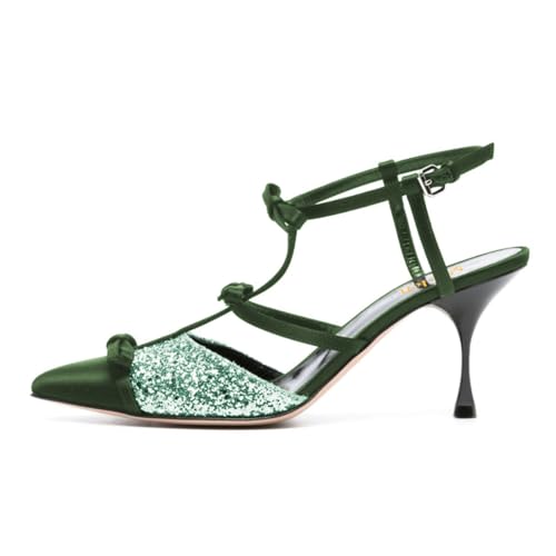 miss left Women Sexy Sparkly Closed Pointy Toe Sandals with Bows Ankle T-Strap Buckle Slim High Heel Pumps Trendy Cocktail Prom Shoes Size 4-16 US2