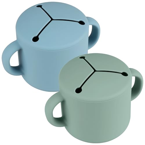 Image of Mintlyfe Silicone Snack Cups, Silicone Snack Containers Toddlers - Pack of 2 Food Grade Silicone Snack Cups with Grip Handle (Cambridge Blue/Ether)