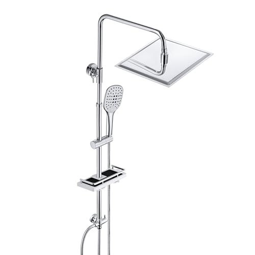 JOHO Colonne de Douche Hydromassante avec Étagère Douche sans Percage Blanc Ranger Shampooing Savon Système de Douche Pluie Réglable en Hauteur pour Salle...