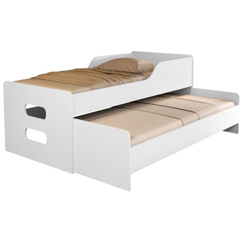 Bicama Solteiro com Grade de Proteção, Cama Auxiliar com Rodízio, MDF (Branco)