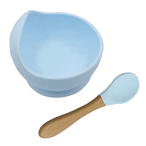 Baby Feeding Bowl and Spoon Set, Silicone Suction Base and Wooden Spoon Kit First Stage Self Training Feeding Sets for Toddler Kids (Blue)