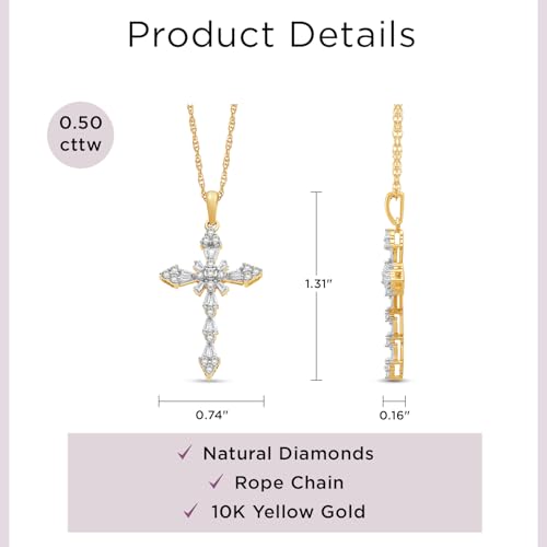 Jewelili 10K White/Yellow Gold Cross Pendant Necklace for Women | 1/2 CTW Natural White Round & Baguette Diamonds | 18" Rope Chain | Dainty & Timeless Fine Jewelry | Birthday Gift for Her4