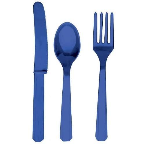 Image of Royal Blue Plastic Silverware Set for 6 Guests (18pcs)