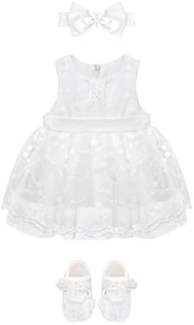 Lilax Baby Girls' Floral Embroidered Tulle White Dress, Baptism & Christening Tutu Gown