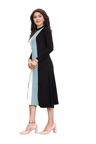 Image of LONDON BELLY Women's Poly Cotton Maxi Dress with 3 /4 Sleeves Round Boat Neck Striped Pattern Regular Fit and Calf Length | Womens Maxi Dress Cotton | Stylish Trending Dresses for Woman