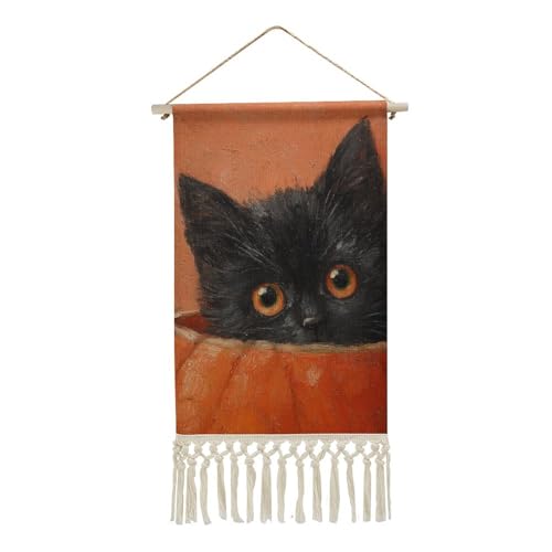Jubonexis Arazzo da parete in lino, con gattino nero in una zucca, poster vintage da parete con nappa e asta in legno