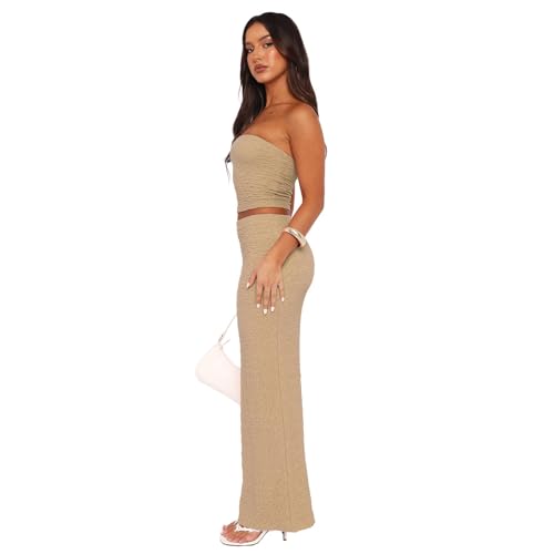 Image of Two Piece Dress Outfits for Women Sleeveless Tube Tops Bodycon Maxi Dress Summer Strapless Crop Top Sexy Suits Set