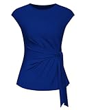 GRACE KARIN Blusas elegantes de manga casquillo para mujer, con lazo en la cintura, cuello redondo, blusas de verano para mujer, camisas casuales de trabajo, azul real, XL
