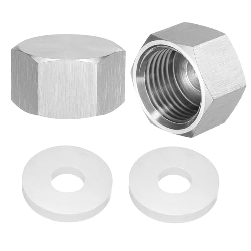 sourcing map 2pcs Hex End Cap 304 Stainless Steel Nut with Washer, PT 1/2" Female Thread Pipe Fitting, Gas Line Water Line Stop Valve Cap Tubing Ends for Plumbing Fittings, Silver Tone