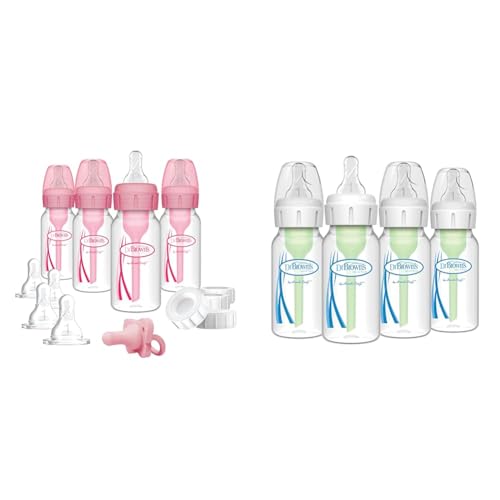 Dr. Brown's Anti-Colic 4 Piece Pink Feeding Set with Slow Flow Nipples & Dr. Brown's 4 Pack Anti-Colic 4 oz Narrow Baby Bottles