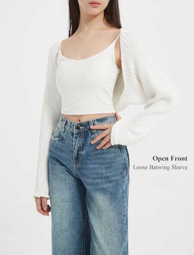EXARUS Girls Open Front Cropped Half Cardigan Knit Ribbed Teen Bolero Shrug Batwing Long Sleeve Sweater Casual 8-14Y2