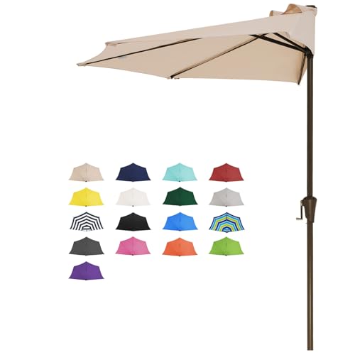 JEAREY 9ft Half Umbrella Outdoor Patio Umbrella Market Umbrellas with Crank 1/2 Round Wall Umbrella 5 Sturdy Ribs UV Protection for Pool Garden Balcony Deck Beige