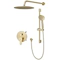 Gabrylly Shower System, Gold Shower Faucet Set with 10" Rain Head and 5-Setting Handheld Spray,2 Way Pressure Balance Valve Kit, Brushed Gold