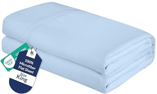 Image of Royale Linens King Flat Sheet - Ultra Soft Brushed 1800 Microfiber Flat Sheets Only - Wrinkle Free & Stain Resistant - Hotel Quality Top Sheet for Bed (King, Lake Blue)