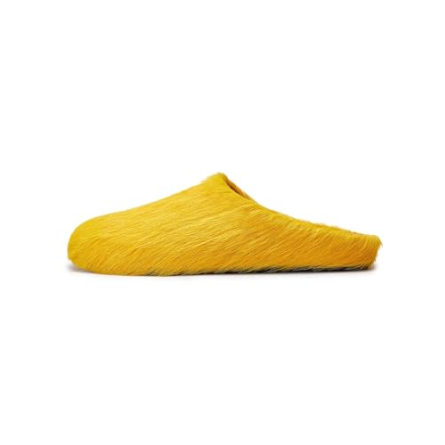 CAGLGLZ Real Fur Slides Mules for Women Round Toe Slip on Sandals Fuzzy Luxury Platform Clogs Slippers Comfortable Fashion Cute Shoes(Yellow,9.5)
