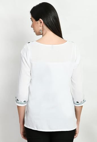Image of QAZMI Women's Cotton Embroidered Short Kurti (Aari Work) White-Blue XL