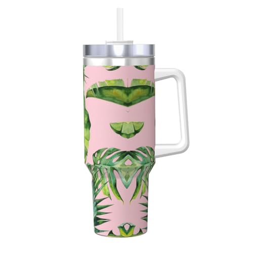 Taza aislada al vacío de acero inoxidable con asa y pajilla, portátil para bebidas frías y calientes de 40 onzas