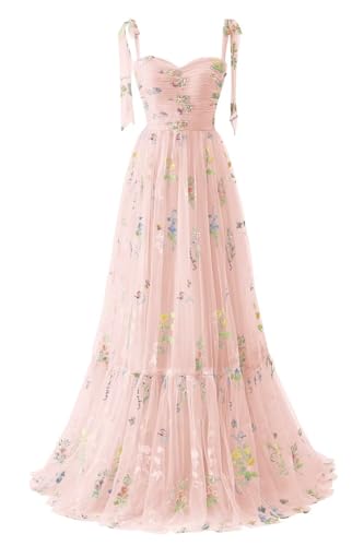 Xijun Tulle Flower Embroidery Prom Dresses Long Corset A Line Ball Gown Spaghetti Straps Formal Evening Dress