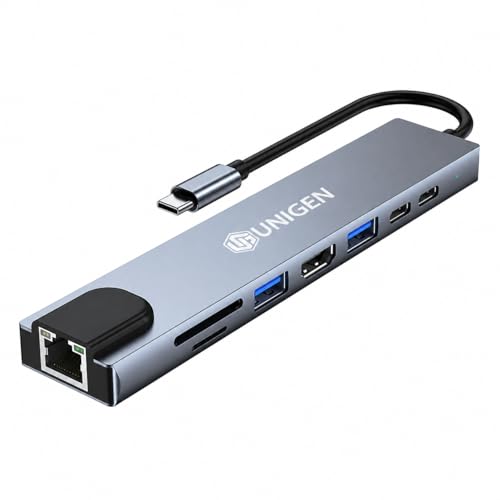 Image of UNIGEN 8 in 1 USB Type-C HUB Adapter with 4K HDMI, 100W PD, USB C Port, USB 3.0, RJ45 Ethernet, SD /TF Card Reader, Docking Station Compatible with MacBook Pro /Air Laptops and Other Devices