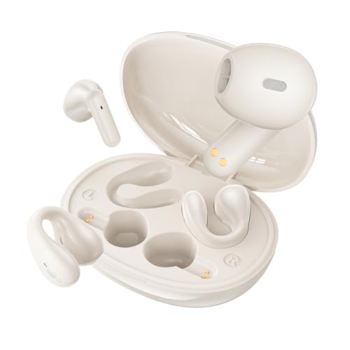 okcsc Open Wireless Ear Clip Headphones Bluetooth V5.3, Two Pairs of Earbuds, TWS+OWS 2 in 1 & Wireless Charging Case & Noise Reduction & Touch Control, Quick Switch Between Two Pairs of Earbuds,White