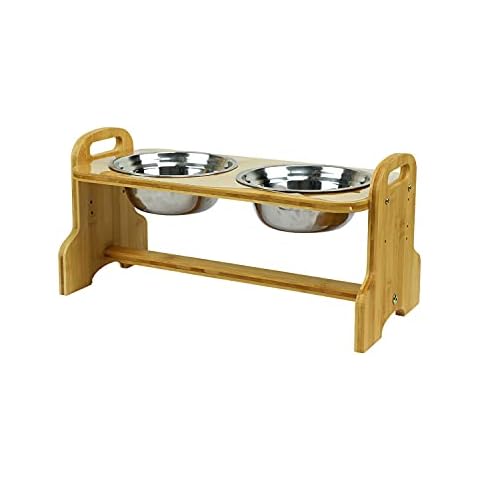 Akinerri Elevated Dog and Cat Pet Feeder, Adjustable Raised Dog Bowls Includes 2 Stainless Steel Bowls. Sturdy Bamboo Elevated Pet Bowls Food Tray Station for Dogs and Cats Cover