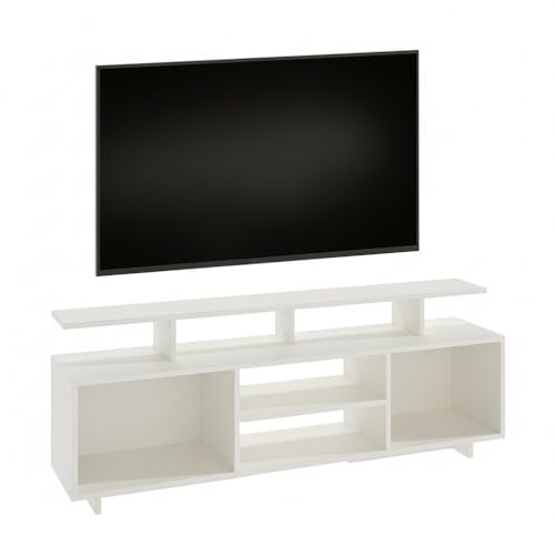 Image of FURNEASER Eskido Engineered Wood TV Entertainment Unit, Floor Standing TV Cabinet with Storage Shelves for Living Room, TV Stand for 32,43,50 & 55 Inch TV (Exotic Teak & White) (White New)
