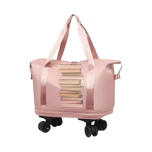 Tote Bag with Wheels,Foldable Rolling Suitcase Pack - Wet and Dry Separation Travel Bag with 360 Degree Swivel Wheels for Shopping and Vacation, Pink, Refer to description, Unisex