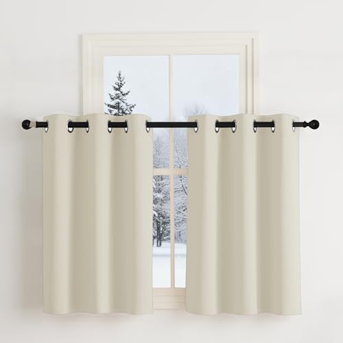 Nicetown Fönstergardiner kort gardin beige ogenomskinliga mörkläggningsgardiner med öljetter köksgardiner fönster moderna termiska gardiner vardagsrum öljettskynke set om 2, ljusbeige H 90 x B 107 cm
