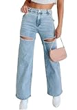 Unybwonn Women High Rise Denim Jeans Straight Leg Rhinestone Trim Bling Jeans Plus Size Denim Pants Blue