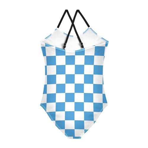 Image of Black and White Chess Girls One Piece Swimsuits Board Marble Tile Sport Halter Swimwear Beach Bathing Suit 3T