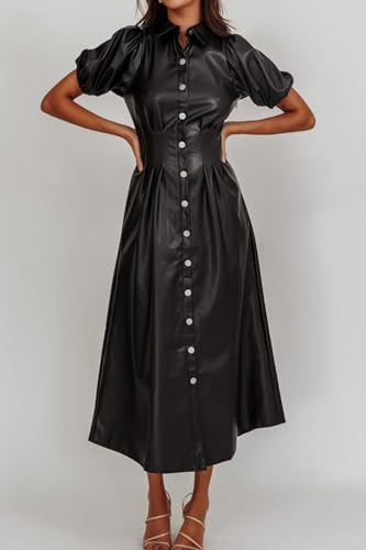 Womens Faux Leather Lapel Collared Pleated Button Down Short Sleeve Tunic Midi Dress Casual A-line Long Dress3