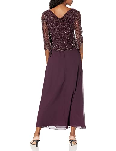 image for J Kara Women's Petite 3/4 Scallop Beaded Pop Over Gown, Wine/Multi, 14