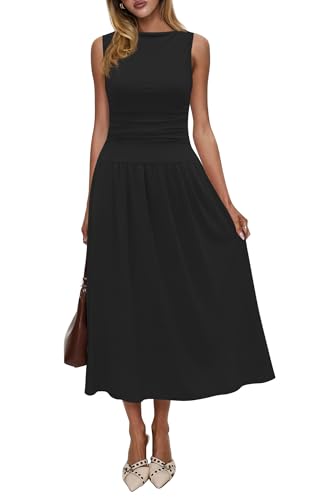 Image of Womens Summer Casual Midi Maxi Dress 2026 Sleeveless Ruched A Line Flowy Cocktail Wedding Guest Beach Long Sundress