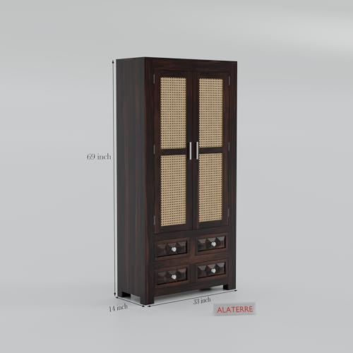 Image of Solid Sheesham Wood 2 Door Wardrobe with Cane Panels & 4 Drawers | Wooden Storage Cabinet with Shelves | Modern Bedroom Cupboard for Clothes & Storage (Walnut Finish)