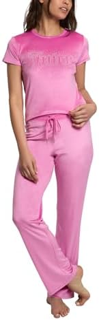Juicy Couture Women's 2 Piece Velvet Fleece Short Sleeve Shirt and Pants Lounge Sleepwear Set